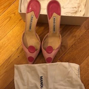Manolo Blahnik cloth pink kitten heel slides
